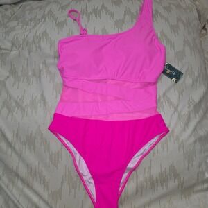 Blooming Jelly Womens XL Pink One Shoulder Mesh Cutout One Piece Swimsuit NEW